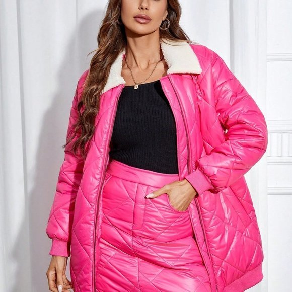 Pink Preppy womens Borg Collar Drop Shoulder Quilted Coat & Skirt - Picture 4 of 5